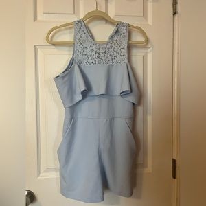 Blue Romper with off the shoulder sleeves